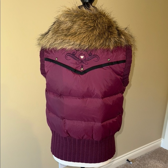 Peeples & Lula Puffer Vest Burgundy Black Faux Fur Collar Stylish Layering Sz S - Picture 2 of 16